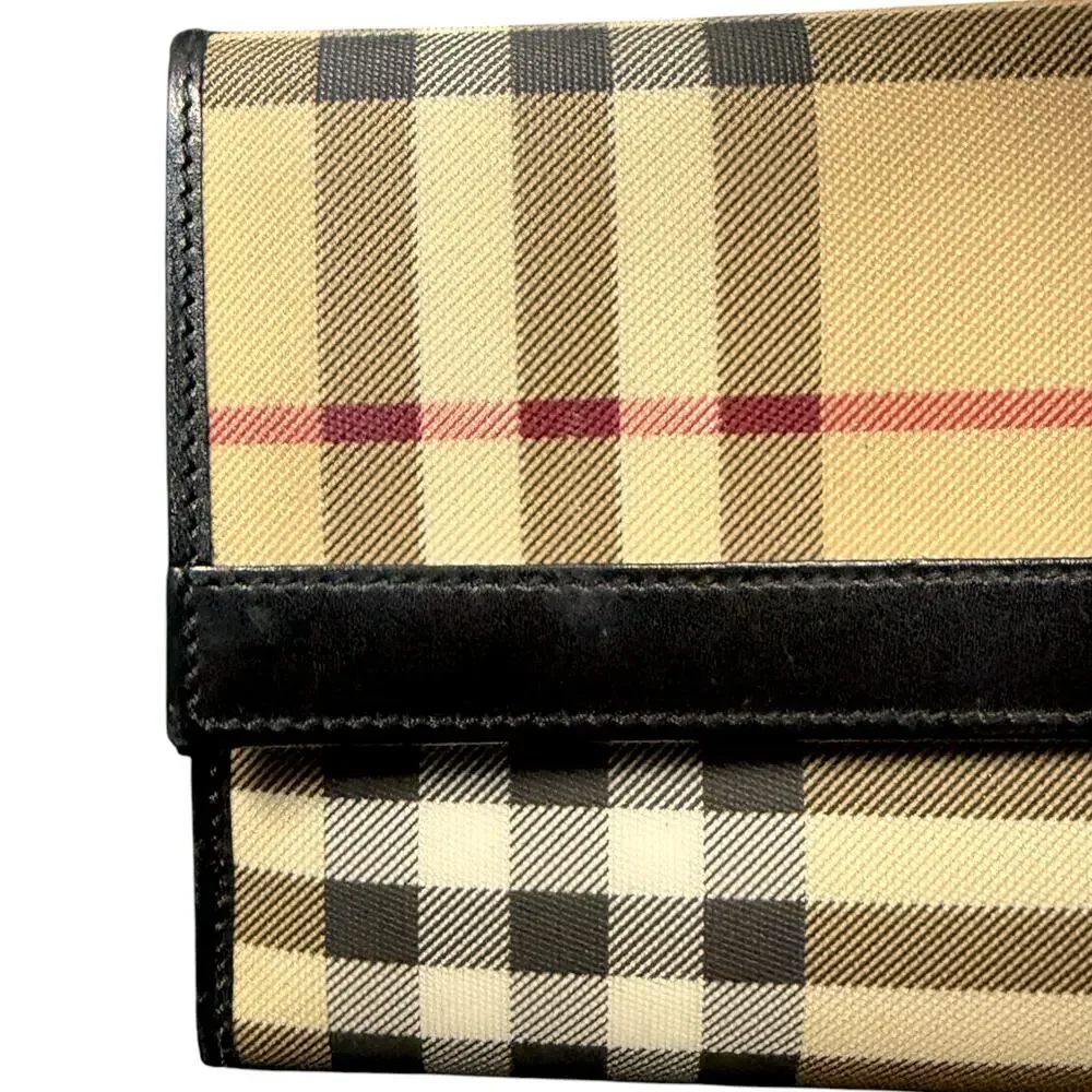Authentic Burberry Nova Check Continental Long Wallet Black Leather Trim Luxury